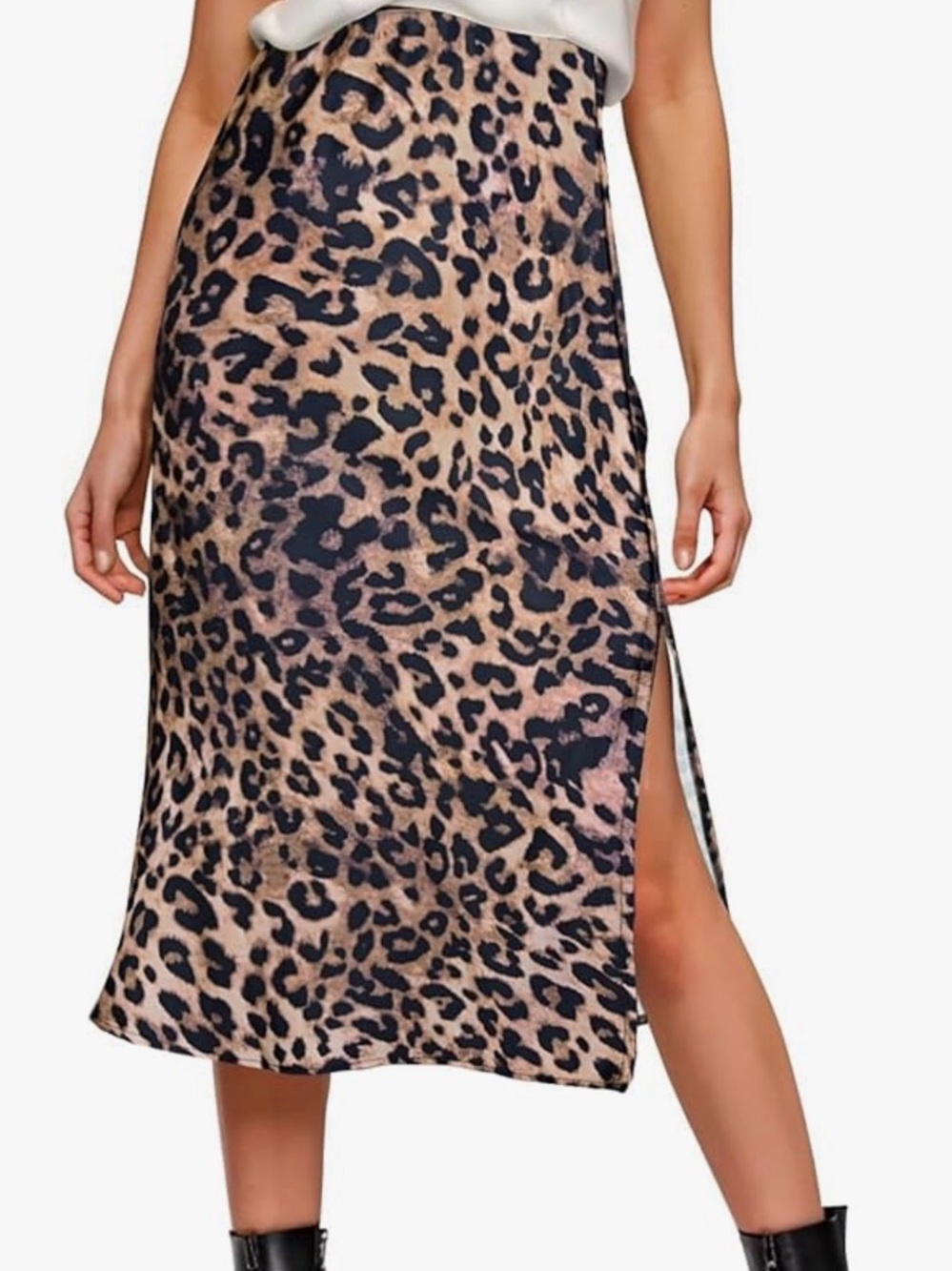 Leopard Print Midi Skirt with Side Slit - Tan/Black